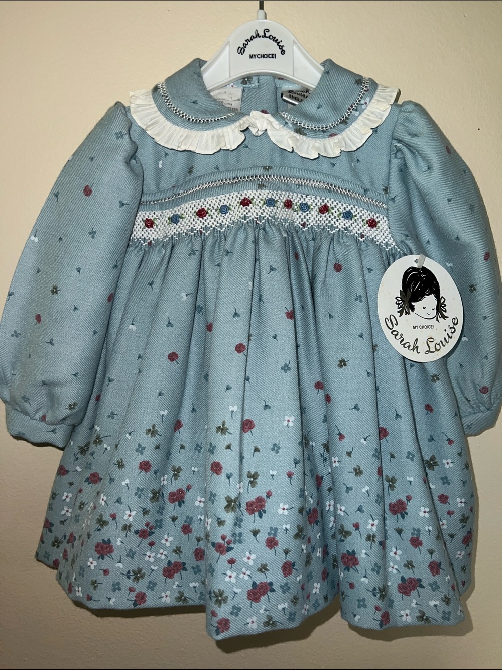 Sarah Louise Blue Floral Hand Smocked Baby Dress 
6 M